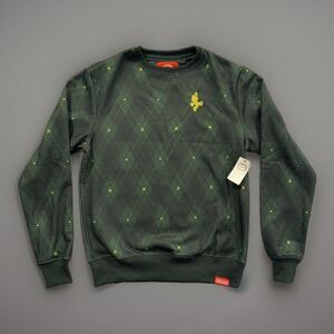 Nintendo Super Mario Bros Mens Crewneck Sweatshirt Sz S Green Argyle Holiday NWT